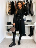 Women's Long Double-Breasted Belted Wool-Look Coat Black Polyester Winter Coat