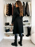 Women's Long Double-Breasted Belted Wool-Look Coat Black Polyester Winter Coat