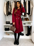 Women's Long Double-Breasted Belted Wool-Look Coat Black Polyester Winter Coat