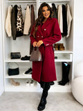 Women's Long Double-Breasted Belted Wool-Look Coat Black Polyester Winter Coat
