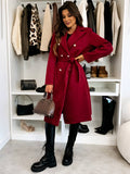Women's Long Double-Breasted Belted Wool-Look Coat Black Polyester Winter Coat