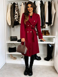 Women's Long Double-Breasted Belted Wool-Look Coat Black Polyester Winter Coat