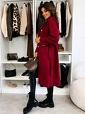 Women's Long Double-Breasted Belted Wool-Look Coat Black Polyester Winter Coat