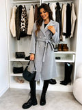 Women's Long Double-Breasted Belted Wool-Look Coat Black Polyester Winter Coat