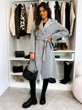 Women's Long Double-Breasted Belted Wool-Look Coat Black Polyester Winter Coat