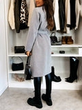 Women's Long Double-Breasted Belted Wool-Look Coat Black Polyester Winter Coat
