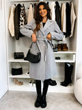 Women's Long Double-Breasted Belted Wool-Look Coat Black Polyester Winter Coat