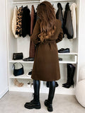 Women's Long Double-Breasted Belted Wool-Look Coat Black Polyester Winter Coat