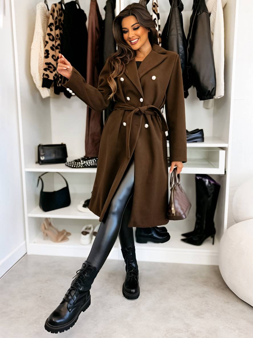 Women's Long Double-Breasted Belted Wool-Look Coat Black Polyester Winter Coat