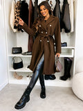 Women's Long Double-Breasted Belted Wool-Look Coat Black Polyester Winter Coat