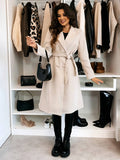 Women's Long Double-Breasted Belted Wool-Look Coat Black Polyester Winter Coat