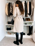 Women's Long Double-Breasted Belted Wool-Look Coat Black Polyester Winter Coat