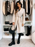Women's Long Double-Breasted Belted Wool-Look Coat Black Polyester Winter Coat