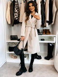 Women's Long Double-Breasted Belted Wool-Look Coat Black Polyester Winter Coat