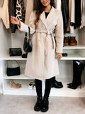 Women's Long Double-Breasted Belted Wool-Look Coat Black Polyester Winter Coat