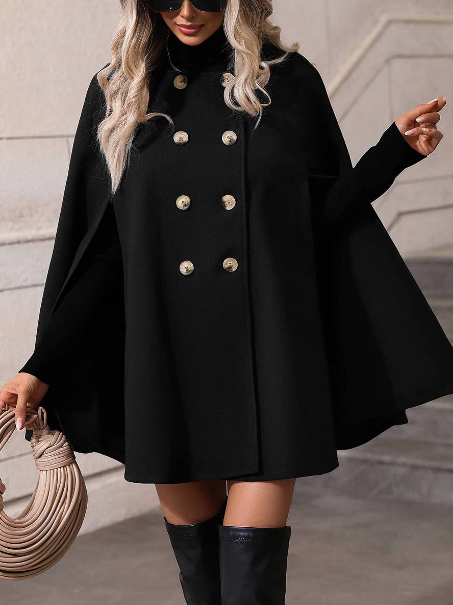 Aurohaya Women's Double Breasted Poncho Coat Batwing Sleeve Wool Blend Short Cape Jacket with Lapel Collar