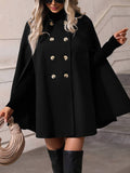 Aurohaya Women's Double Breasted Poncho Coat Batwing Sleeve Wool Blend Short Cape Jacket with Lapel Collar