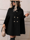 Aurohaya Women's Double Breasted Poncho Coat Batwing Sleeve Wool Blend Short Cape Jacket with Lapel Collar