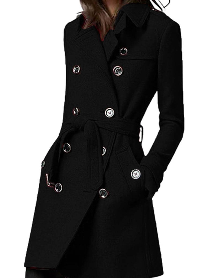 Aurohaya Women's Wool Blend Double Breasted Belted Coat Elegant Mid-Length Lapel Winter Jacket