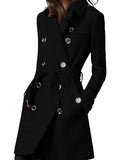 Aurohaya Women's Wool Blend Double Breasted Belted Coat Elegant Mid-Length Lapel Winter Jacket