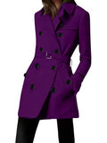 Aurohaya Women's Wool Blend Double Breasted Belted Coat Elegant Mid-Length Lapel Winter Jacket
