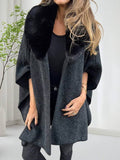 Aurohaya Women's Mid Length Faux Fur Collar Poncho Coat Long Sleeves Elegant Casual Oversized Solid