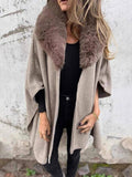 Aurohaya Women's Mid Length Faux Fur Collar Poncho Coat Long Sleeves Elegant Casual Oversized Solid