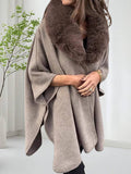 Aurohaya Women's Mid Length Faux Fur Collar Poncho Coat Long Sleeves Elegant Casual Oversized Solid