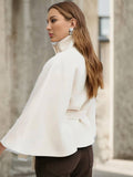 Aurohaya Chic Women's Wool Poncho Coat with Belt and High Collar, Casual Oversized Cape Jacket