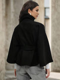 Aurohaya Chic Women's Wool Poncho Coat with Belt and High Collar, Casual Oversized Cape Jacket