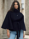 Aurohaya Chic Women's Wool Poncho Coat with Belt and High Collar, Casual Oversized Cape Jacket