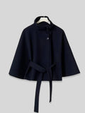Aurohaya Chic Women's Wool Poncho Coat with Belt and High Collar, Casual Oversized Cape Jacket