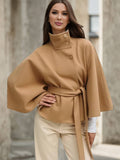 Aurohaya Chic Women's Wool Poncho Coat with Belt and High Collar, Casual Oversized Cape Jacket