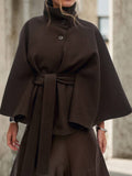 Aurohaya Chic Women's Wool Poncho Coat with Belt and High Collar, Casual Oversized Cape Jacket