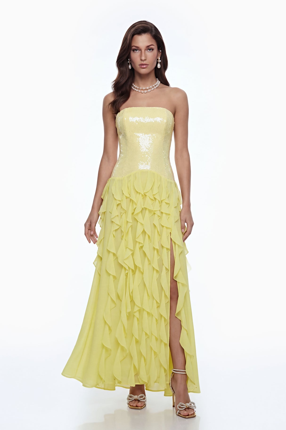 Aurohaya Caelia Yellow Off Shoulder Maxi Dress with Slit