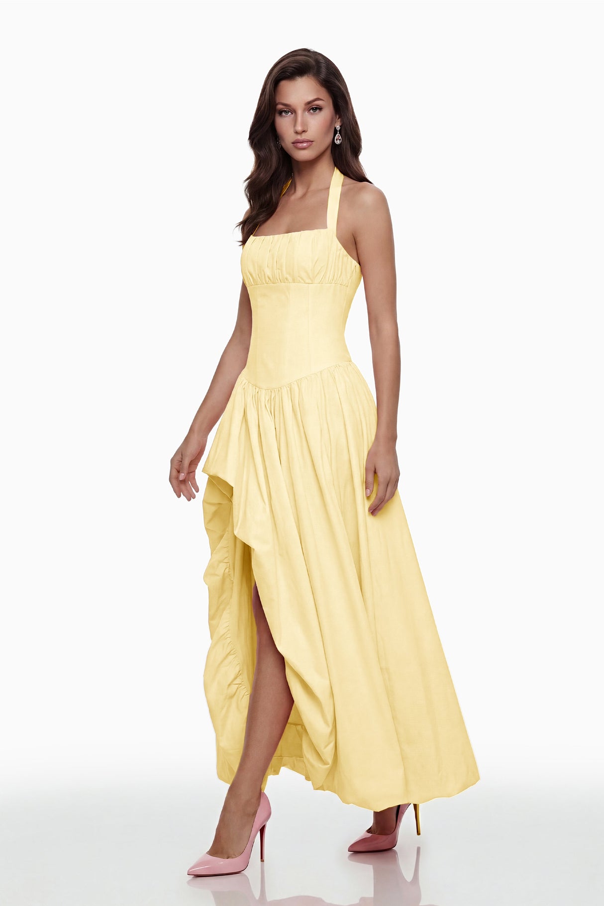 Aurohaya Caiya Yellow Sleeveless Maxi Dress with Slit
