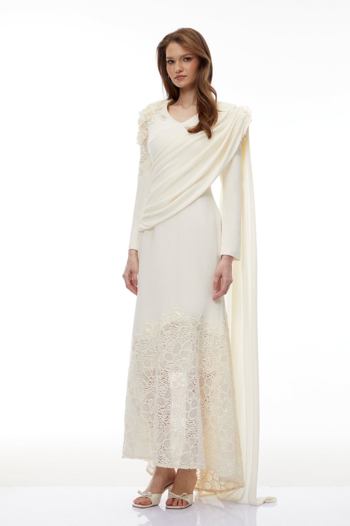 Aurohaya Calanthe Champagne Floral Lace Maxi Dress with Ribbon Detail