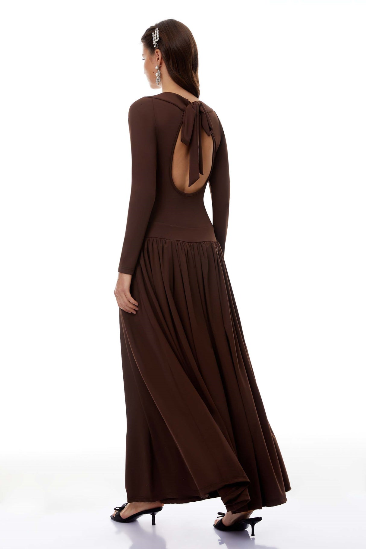 Aurohaya Campagne Brown Open-Back Shirred Maxi Dress