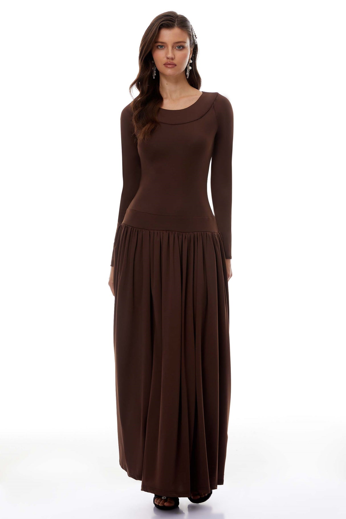 Aurohaya Campagne Brown Open-Back Shirred Maxi Dress