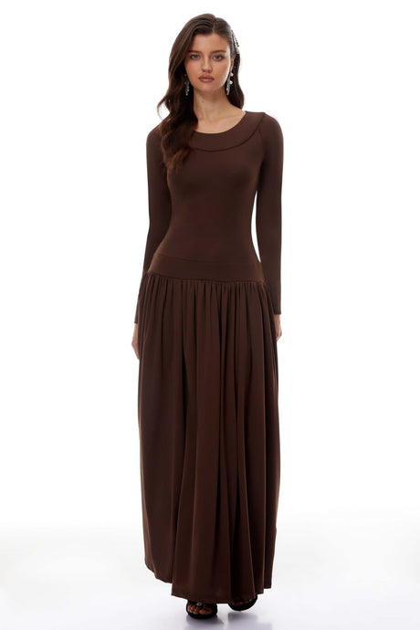 Aurohaya Campagne Brown Open-Back Shirred Maxi Dress