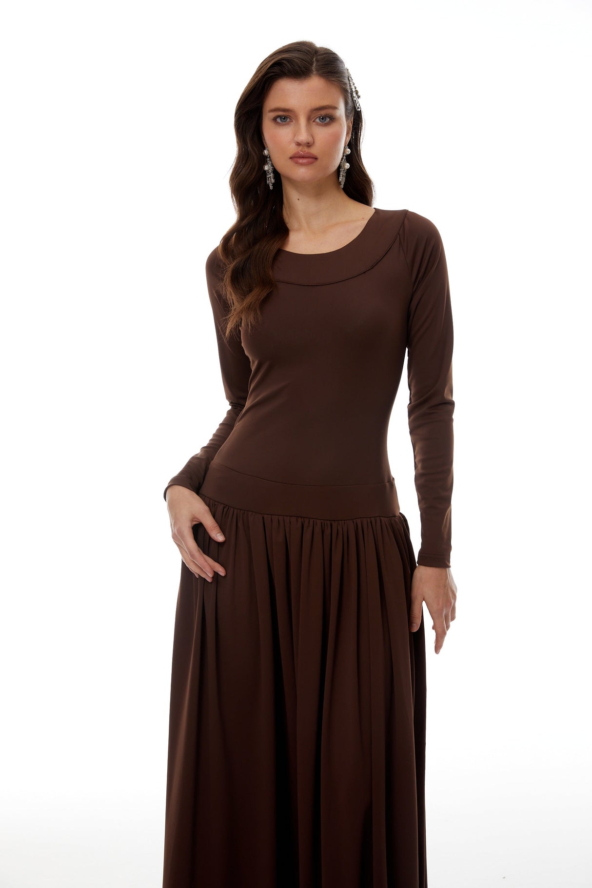 Aurohaya Campagne Brown Open-Back Shirred Maxi Dress