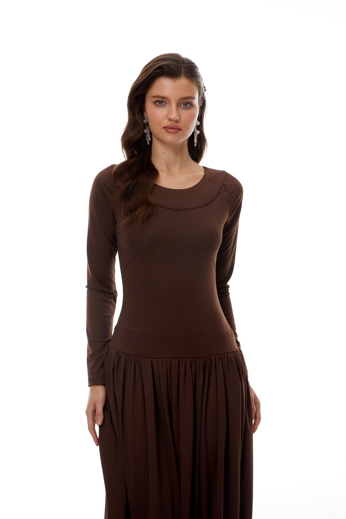 Aurohaya Campagne Brown Open-Back Shirred Maxi Dress