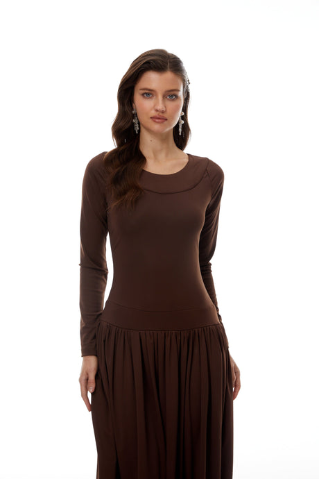 Aurohaya Campagne Brown Open-Back Shirred Maxi Dress