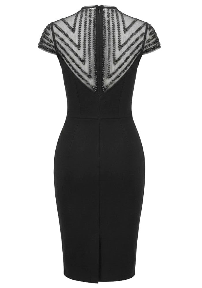Cap Sleeve Embellished Mesh Midi Dress Black