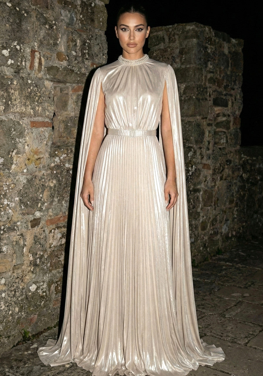 Cape Sleeve Pleated Maxi Dress Champagne
