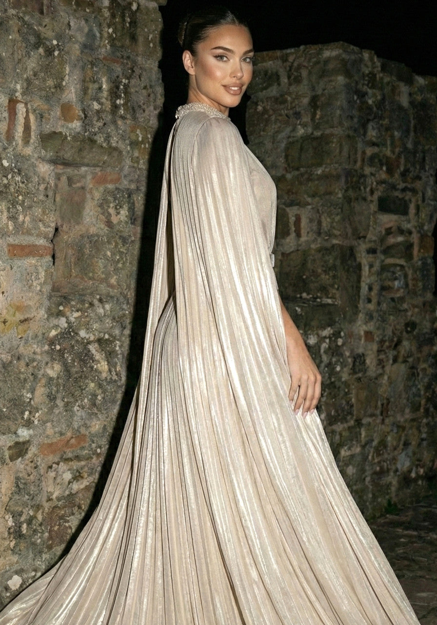 Cape Sleeve Pleated Maxi Dress Champagne