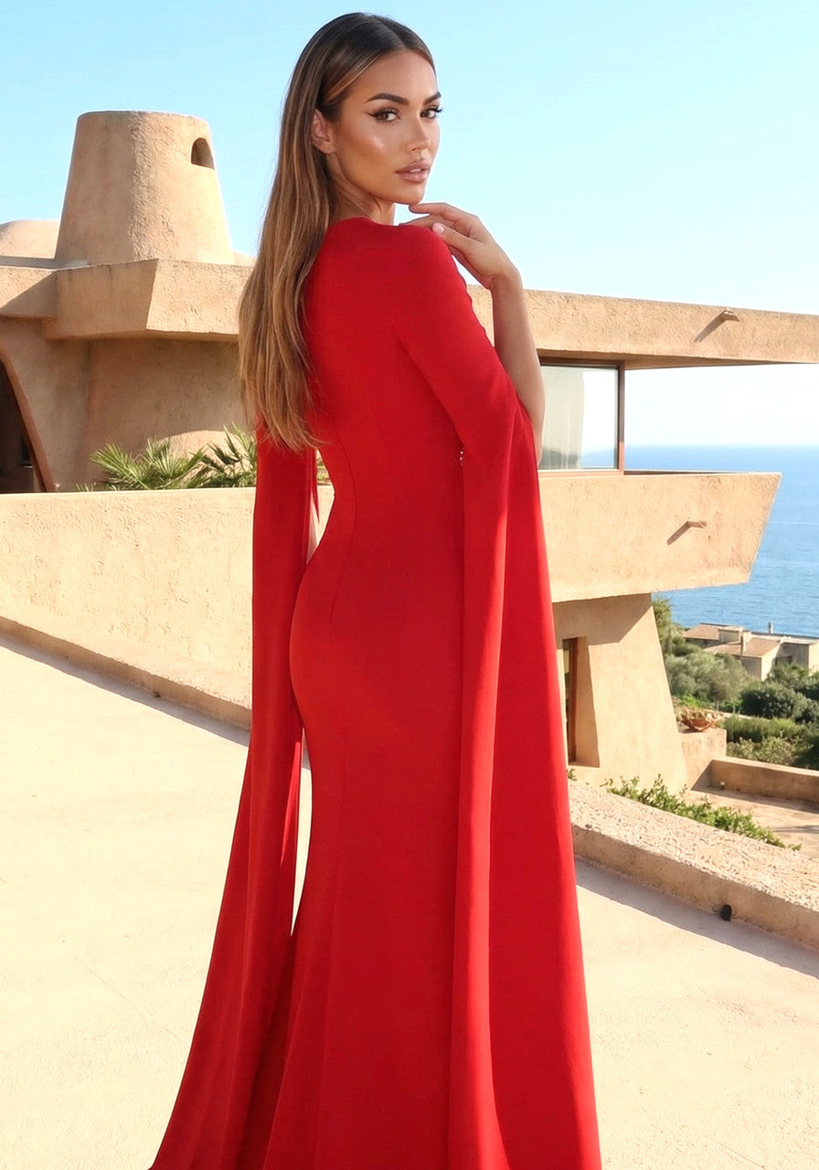Cape Sleeve Star Detail Maxi Dress Red