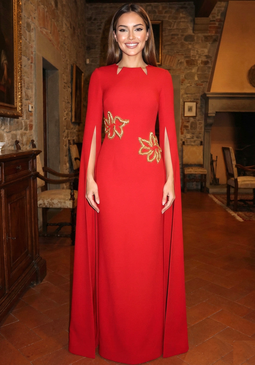 Cape Sleeve Star Detail Maxi Dress Red