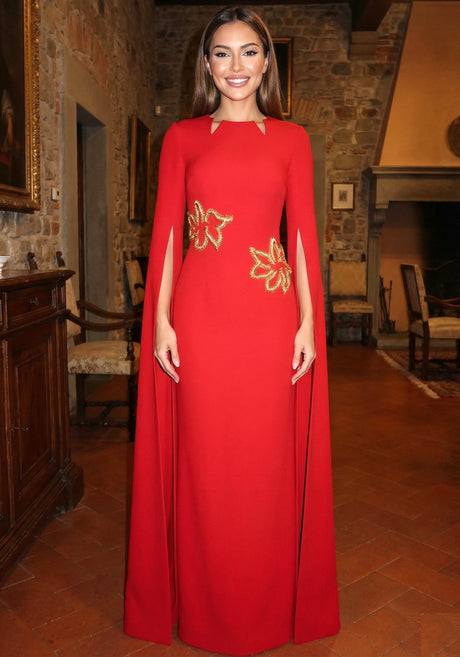 Cape Sleeve Star Detail Maxi Dress Red