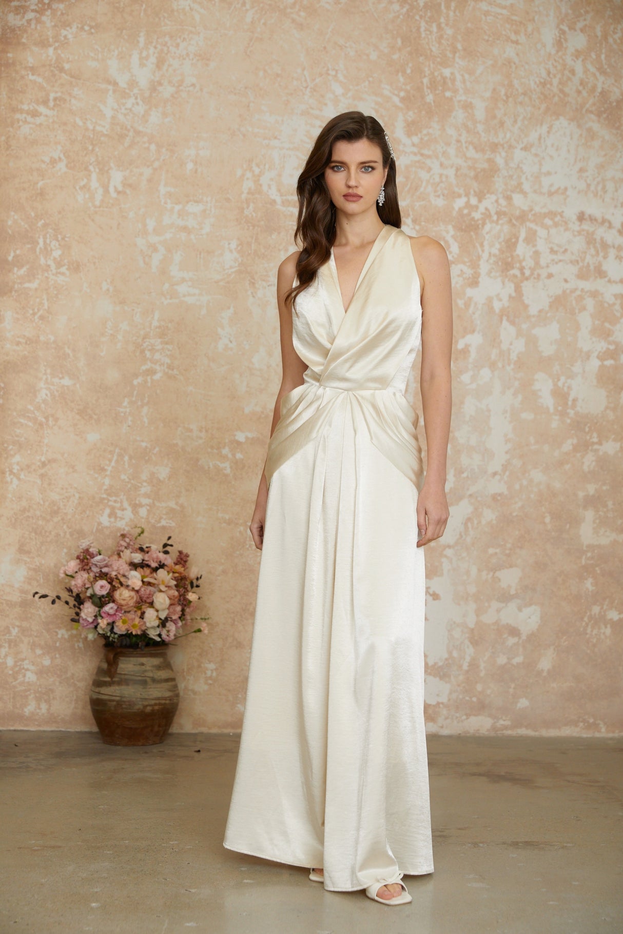 Aurohaya Cathmore Champagne Halterneck Draped Maxi Dress